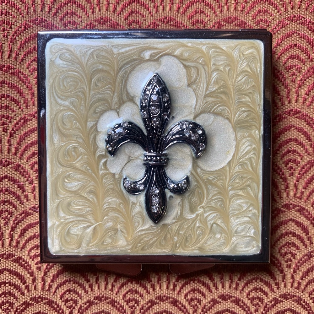 Fleur de lis enamel square mirror compact with crystals and neutral back…